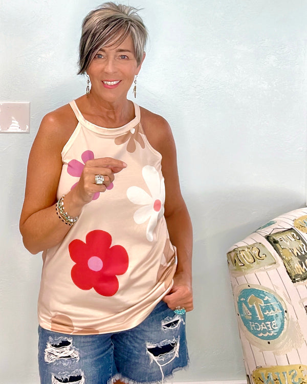 Retro Tan Large Flower Print Tank Sleeveless Top