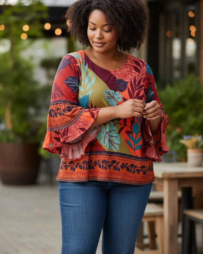 Burgandy Rust Teal Mix Border Print Wide Ruffle 3/4 Sleeve Top