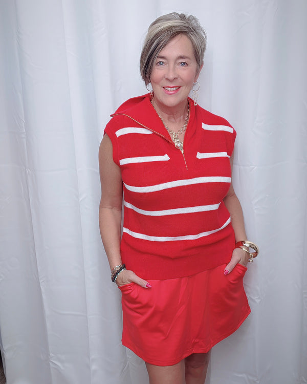 Red w/White Stripe Serving Looks Quarter Zip Sleeves Sweater Vest Top