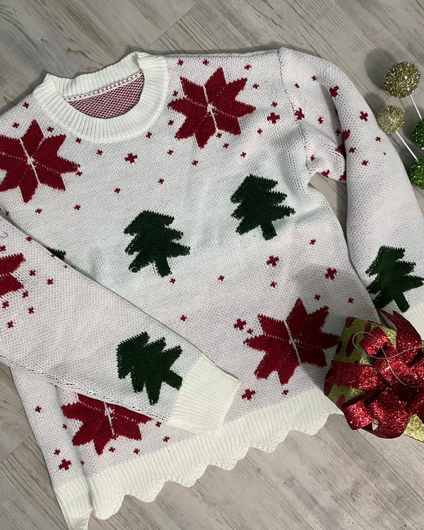 Cream Red Poinsetta & Green Christmas Tree Festive Holiday Sweater Top