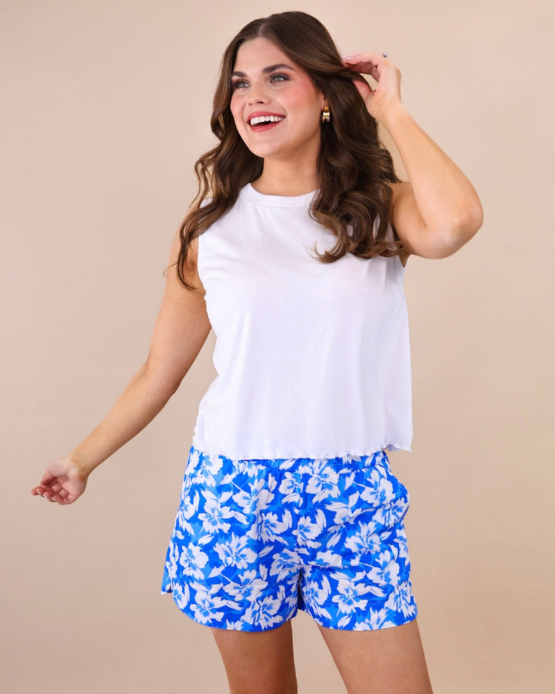 Blue & White Tropical Floral Elastic Waist Pocket Shorts