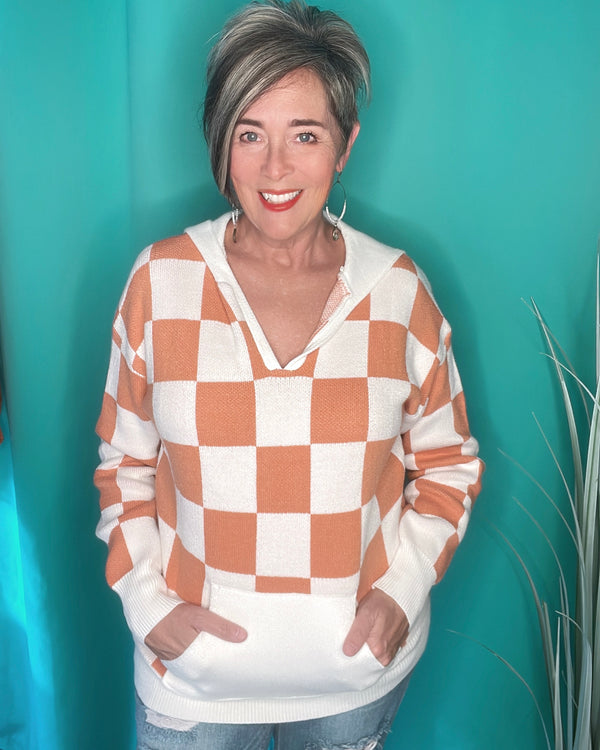 White & Terra Cotta Checkered Open Neck Sweater Top