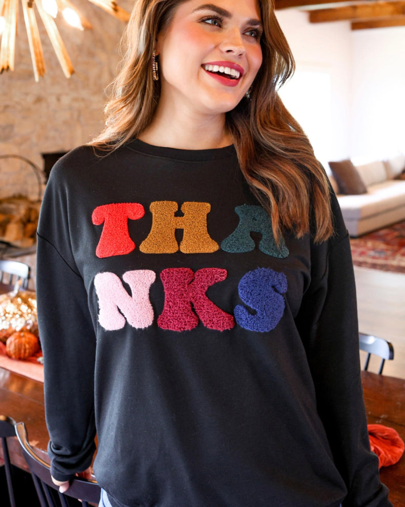 Black Multicolor Chenille Patch “Thanks” Long Sleeve Sweatshirt Top