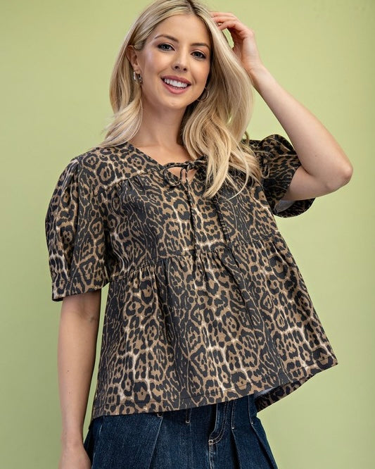 Brown & Black Leopard Animal Print Denim Babydoll Top