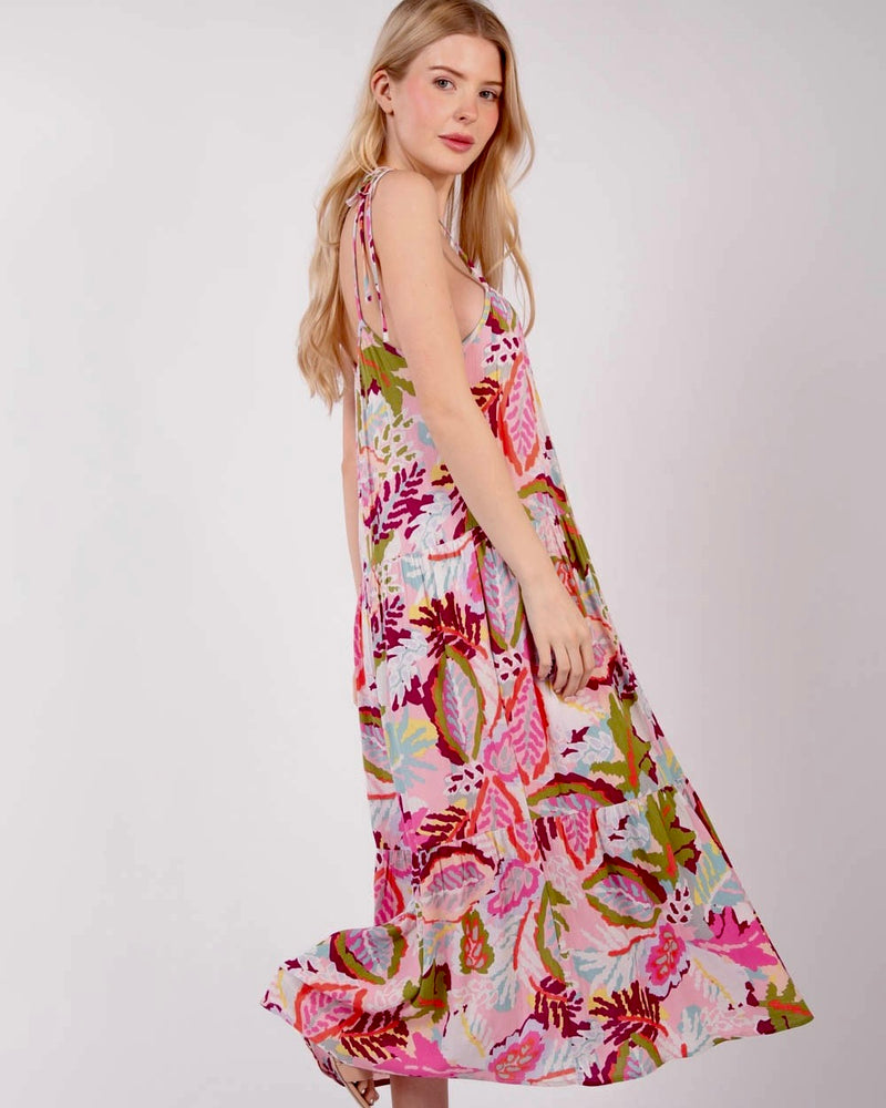 Pink Tone Tropical Print Sleeveless MIDI Sundress