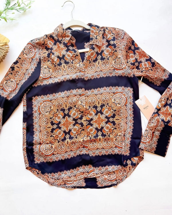 Black & Rust Long Sleeve Paisley Print Button Down Blouse Top