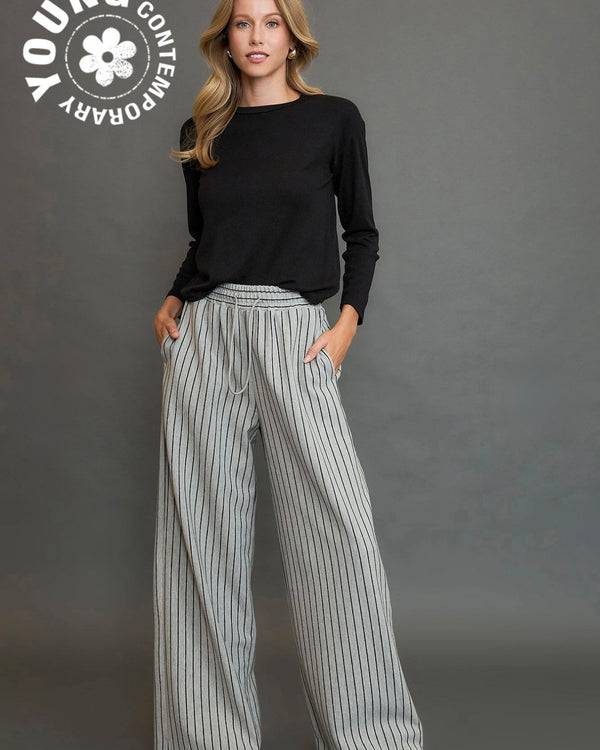 Brown, Gray or Black Stripe Pull On Elastic Waist Wide Straight Leg Pant