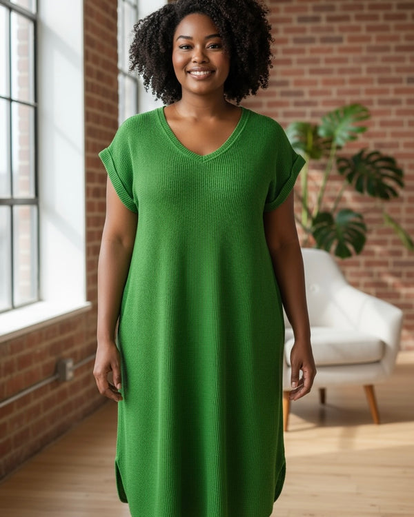 Solid Green Waffle Texture Short Roll Cap Sleeve VNeck Dress