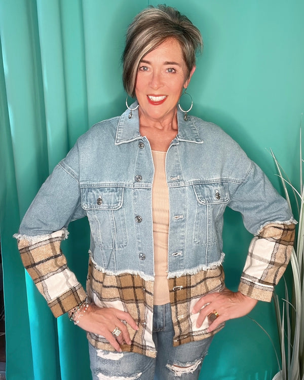 Light Denim & Plaid Block Button Down Long Sleeve Frayed Top