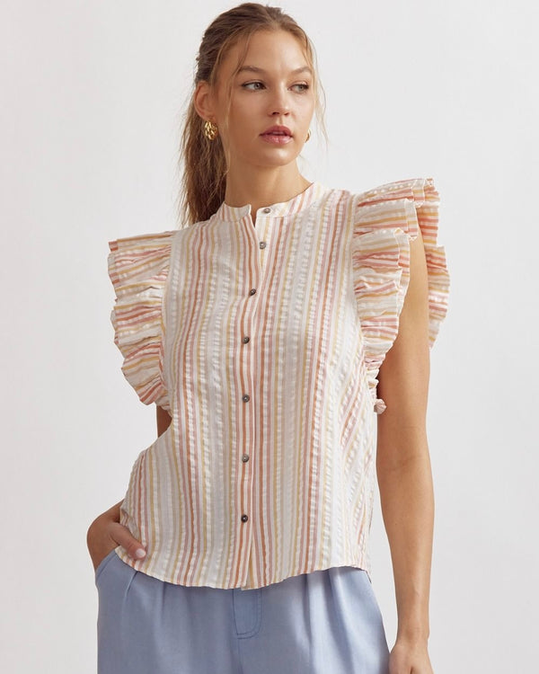 Light Pastel Textured Stripe Button Up Tiered Ruffle Short Sleeve Top