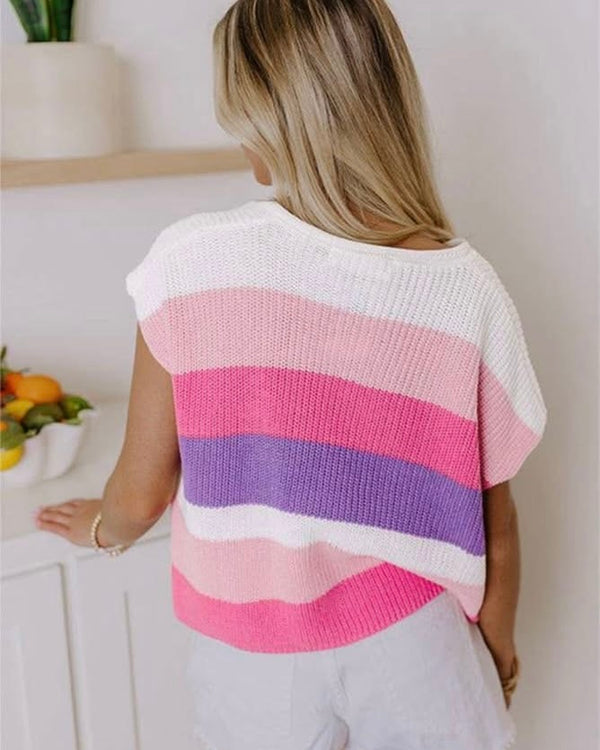 Pink, Purple & White Bold Stripe Cap Sleee Open Neck Knit Top