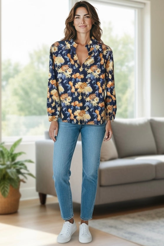 Blue & Yellow or Mauve & Green Floral Long Sleeve Open Neck Top