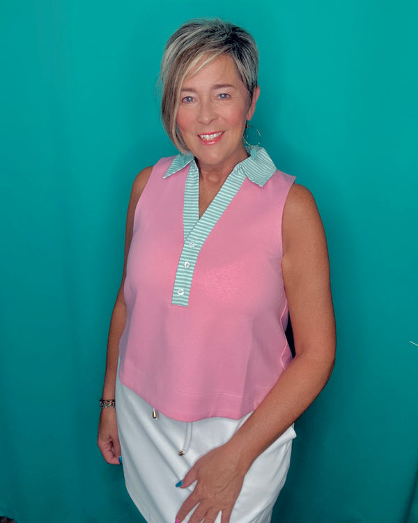 Solid Pink w/Mint Stripe Open Neck Collar Sleeveless Top