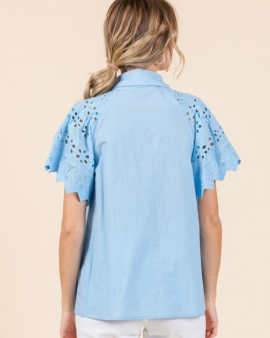 Baby Blue Solid Top w/Collared Neck Eyelet Butterfly Sleeves