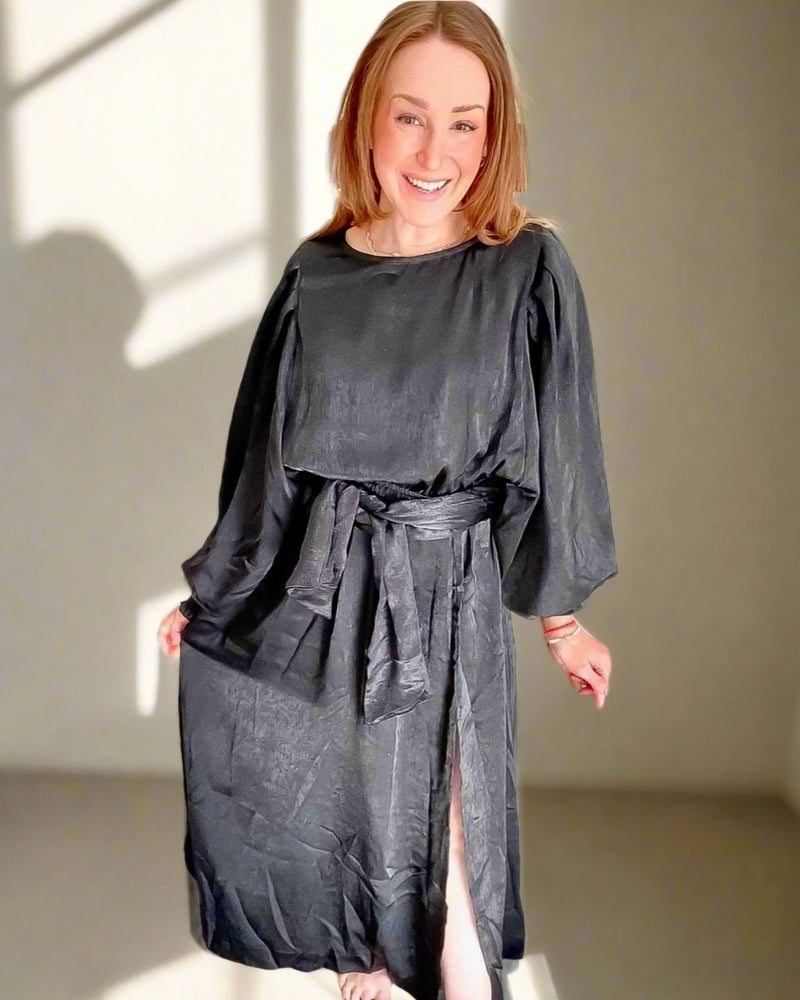 Long Black Satin Elastic Waist Long Sleeve Dress