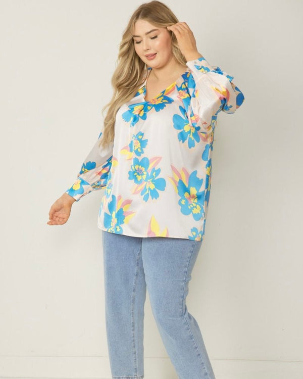 Plus Size Off White Blue Floral VNeck Satin Long Sleeve Blouse