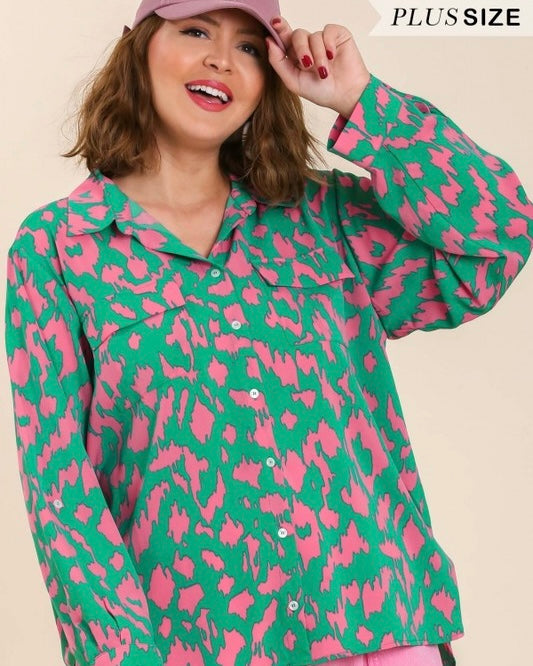 Plus Size Green & Pink Leopard Animal Print Button Down Long Sleeve Top
