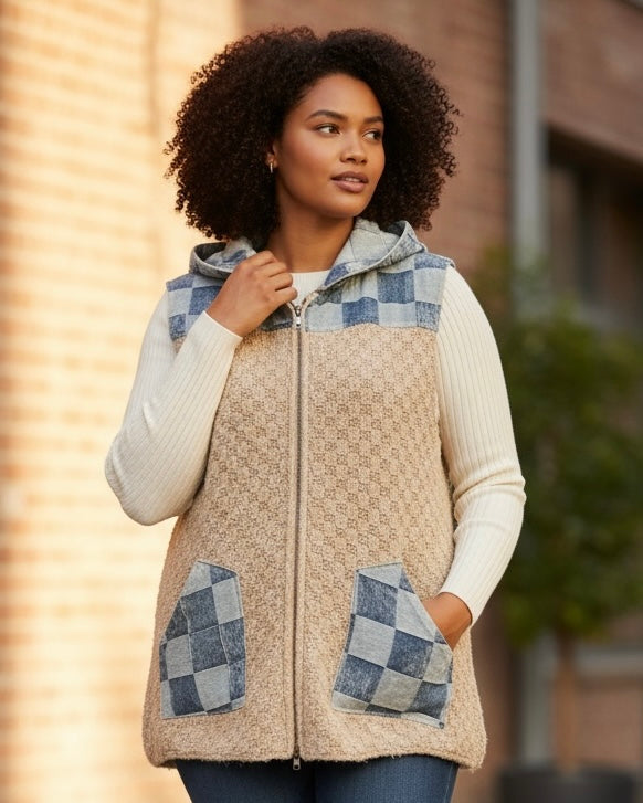 Plus Size Beige Chunky Cable Knit Sweater & Wash Checkered Denim Zip Front Vest Jacket