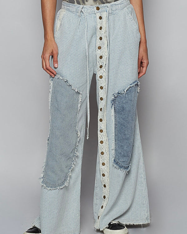 Roomy Light Striped Denim Patch Lace Button Detail Pant