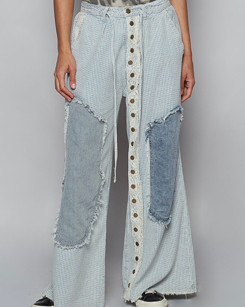Roomy Light Striped Denim Patch Lace Button Detail Pant