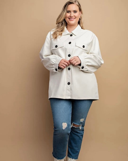 Plus Size White Faux Leather Button Down Side Pockets Jacket