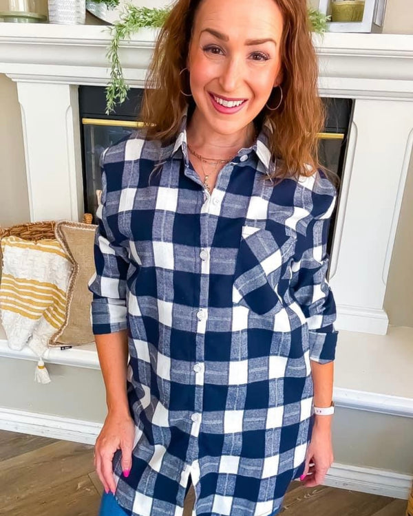 Navy Blue & White Plaid Button Down Long Sleeve Shirt