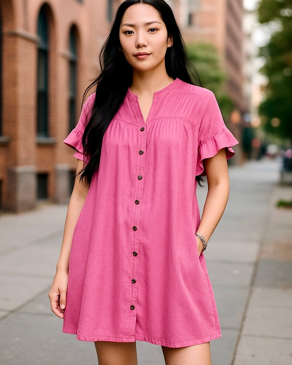 Pink Acid Mineral Wash Button Front Short Cap Sleeve Dress
