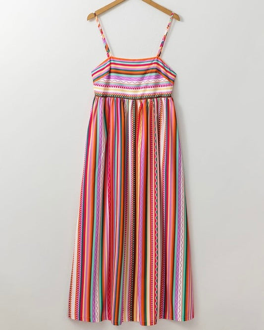 Multicolor Stripe Smocked Boho Spaghetti Strap Maxi Dress