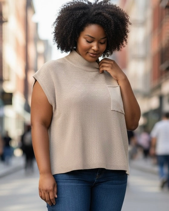 Khaki Cream Short Cap Sleeve Pocket Sweater Top