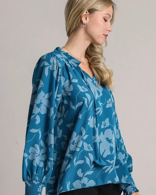 Plus Size Turquoise Teal Blue Floral Print Tie Open Neck Long Smock Cuff Sleeve Top