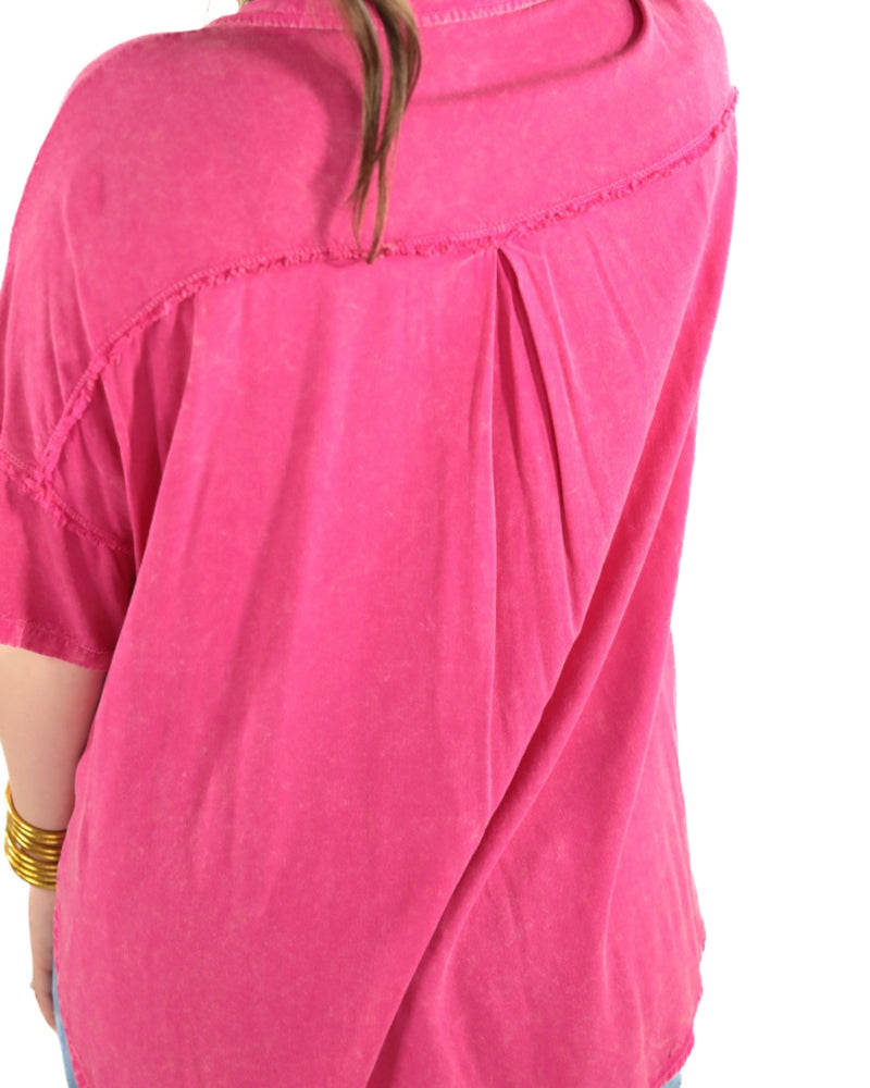 Pink Acid Wash Button Down Oversized Top