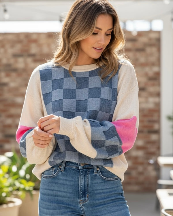 Denim Look Checkered Pattern Long Sleeve Oversize Sweatshirt