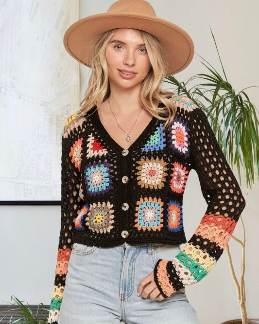 Black Multicolor Crochet Knit Long Sleeve Button Down Cardigan