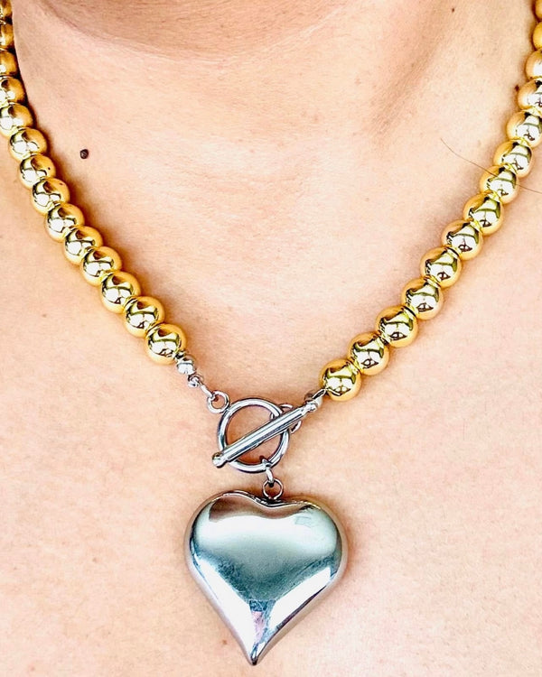 Silver Beaded Chunky Short Necklace with Gold Heart Pendant