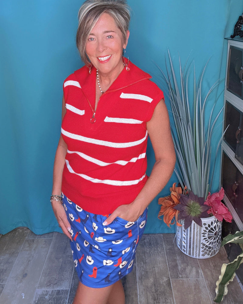 Red w/White Stripe Serving Looks Quarter Zip Sleeves Sweater Vest Top