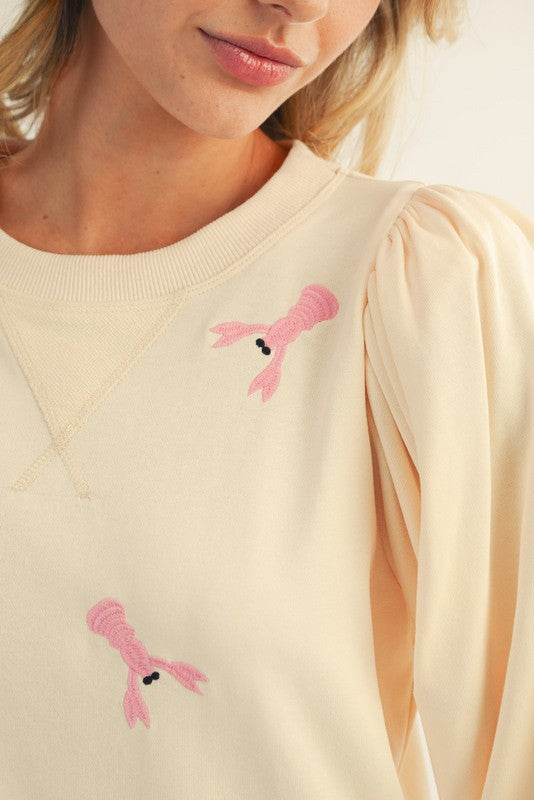 White or Red Lobster Embroidered Long Sleeve Sweatshirt Top
