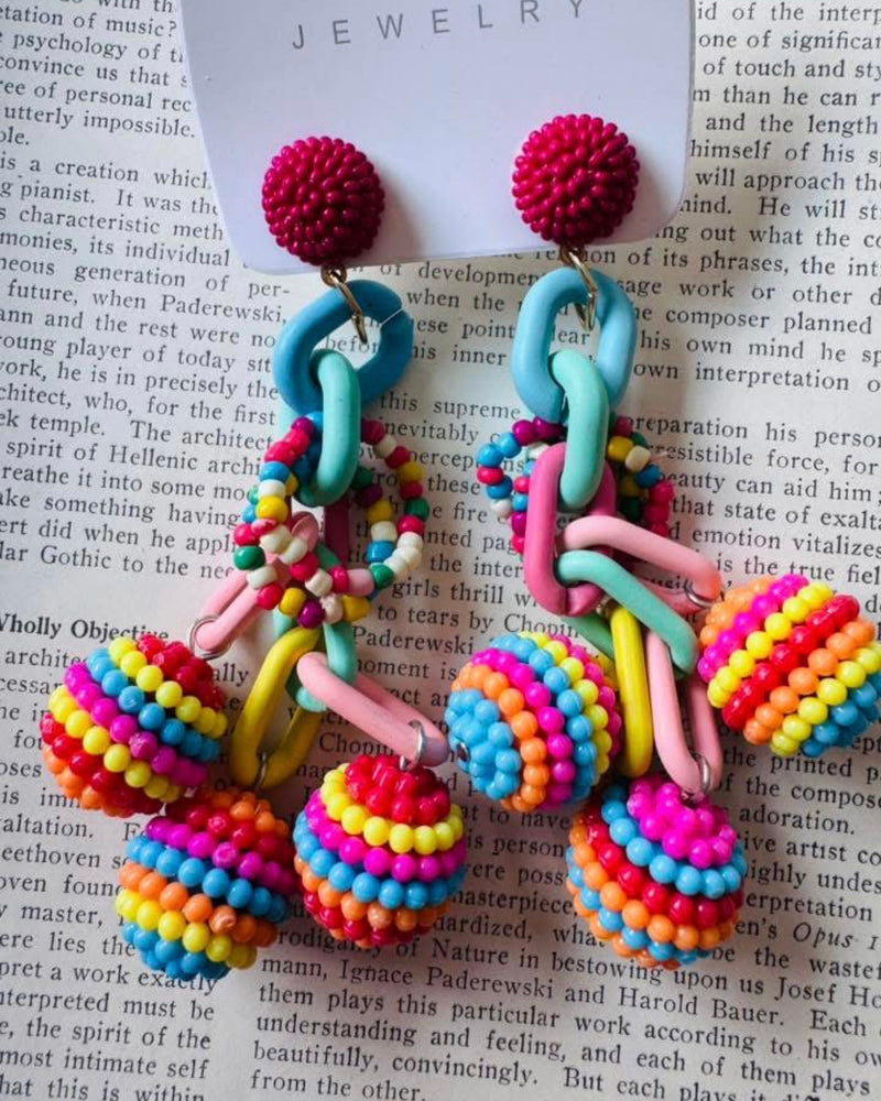 Fiesta Multicolor Beaded Pom Pom Dangle Chain Link Drop Earrings
