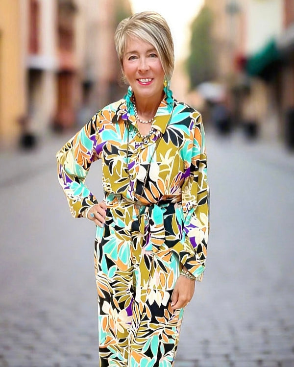 Green Multicolor Tropical Floral Long Sleeve Jumpsuit Pantsuit