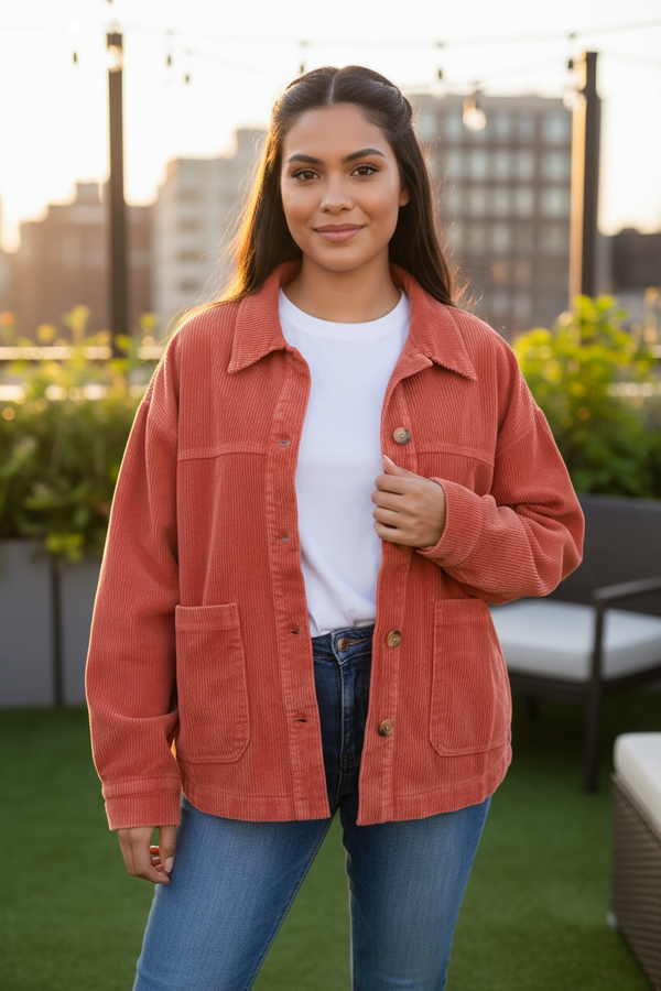 Terra Cotta Rust Spice Corduroy Button Front Pocket Shacket
