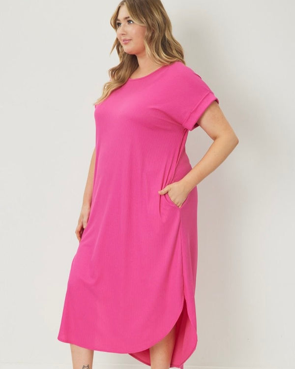 Plus Size Pink Side Split Short Sleeve Pocket Maxi Dress