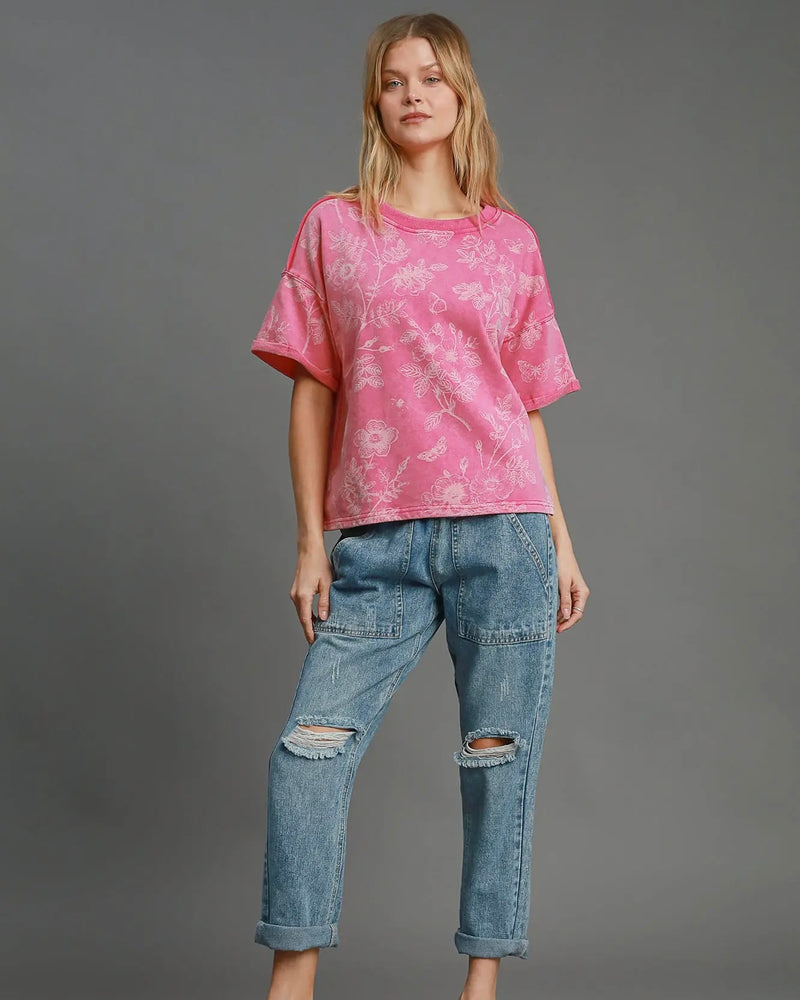Pink Mineral Wash French Terry Floral Abstract Print Short Sleeve Top