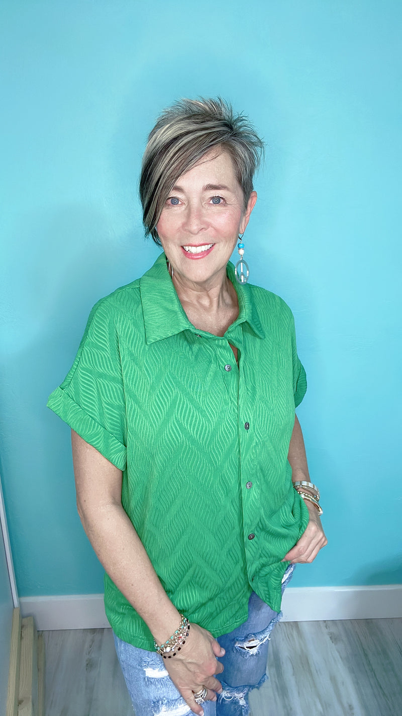 2 pc Bright Green Textured Button Down Top and Short Set