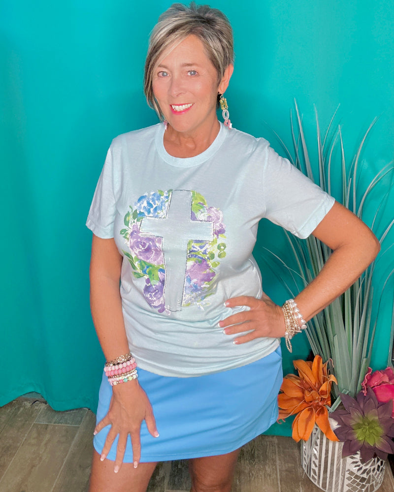 Blue Floral Cross Short Sleeve Graphic T-Shirt Top
