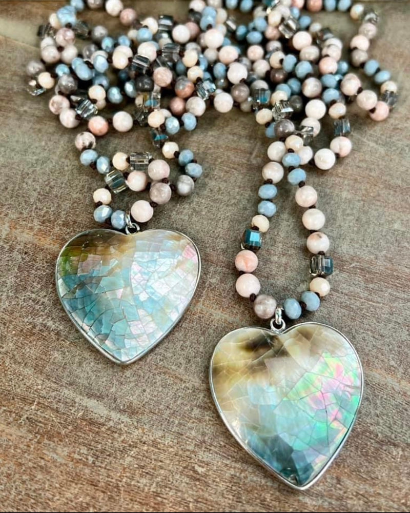 Shell Like Heart Shaped Pendant on Long Multicolor Beaded Necklace