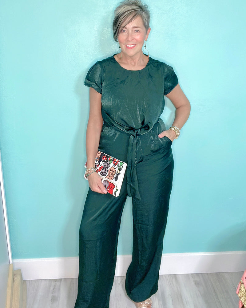 Emerald Green Shimmer Short Cap Sleeve Holiday Party Jumpsuit Pantsuit