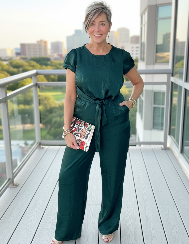 Emerald Green Shimmer Satin Short Cap Sleeve Holiday Party Jumpsuit Pantsuit