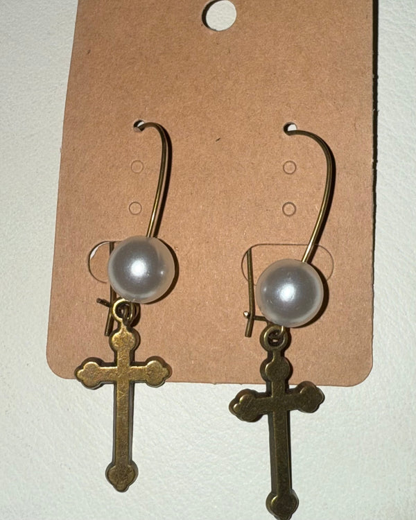 Pearl & Small Brass Tone Cross Drop Dangle Earring