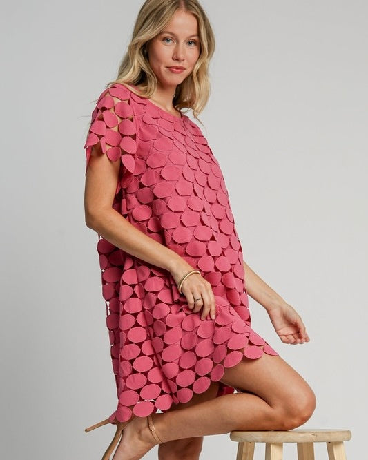 Raspberry Circle Polka Dot Lace Overlay Short Sleeve Party Dress