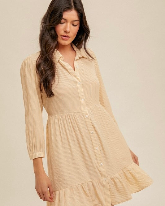 Khaki White Stripe Tie Waist Button Down 3/4 Sleeve Collared Dress