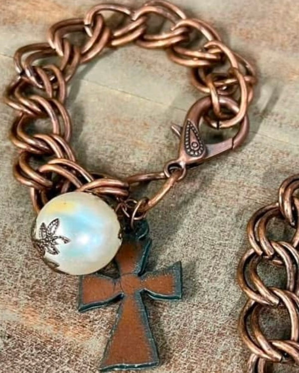 Copper Large Link Chain Bracelet w/Pearl & Copper Charms